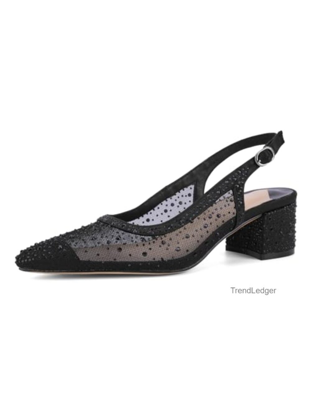 Mesh Slingback Block Heels Pointed Toe Rhinestone Pumps - Picture 1 of 6